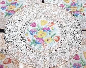 Vintage H K Tunstall Old English Sampler Dinner Plates - Set of 5, Petit Point, 1930s England