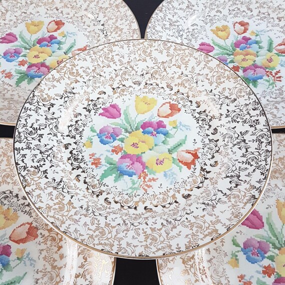 Vintage H K Tunstall Dinner Plates - Old English Sampler Petit Point, Set of 5