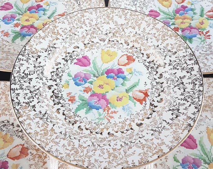Vintage H K Tunstall Old English Sampler Dinner Plates - Set of 5, Petit Point, 1930s England