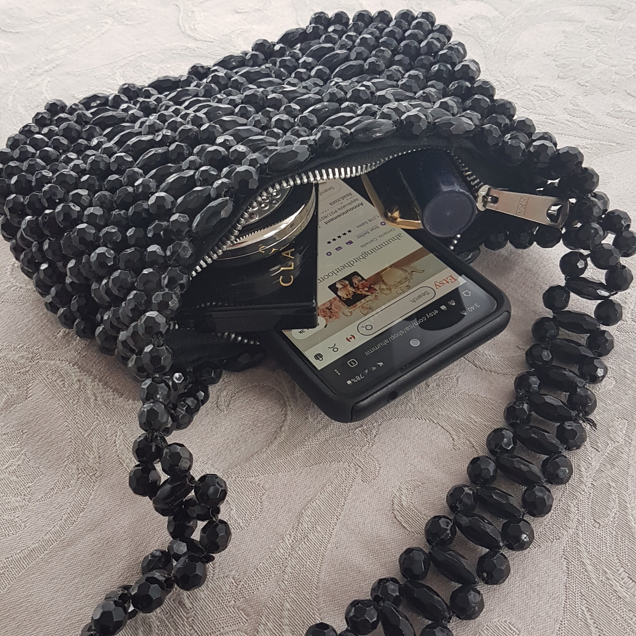 Black Beaded Bag, Vintage Beaded Purse, Zippered, Hand Made in Hong Kong