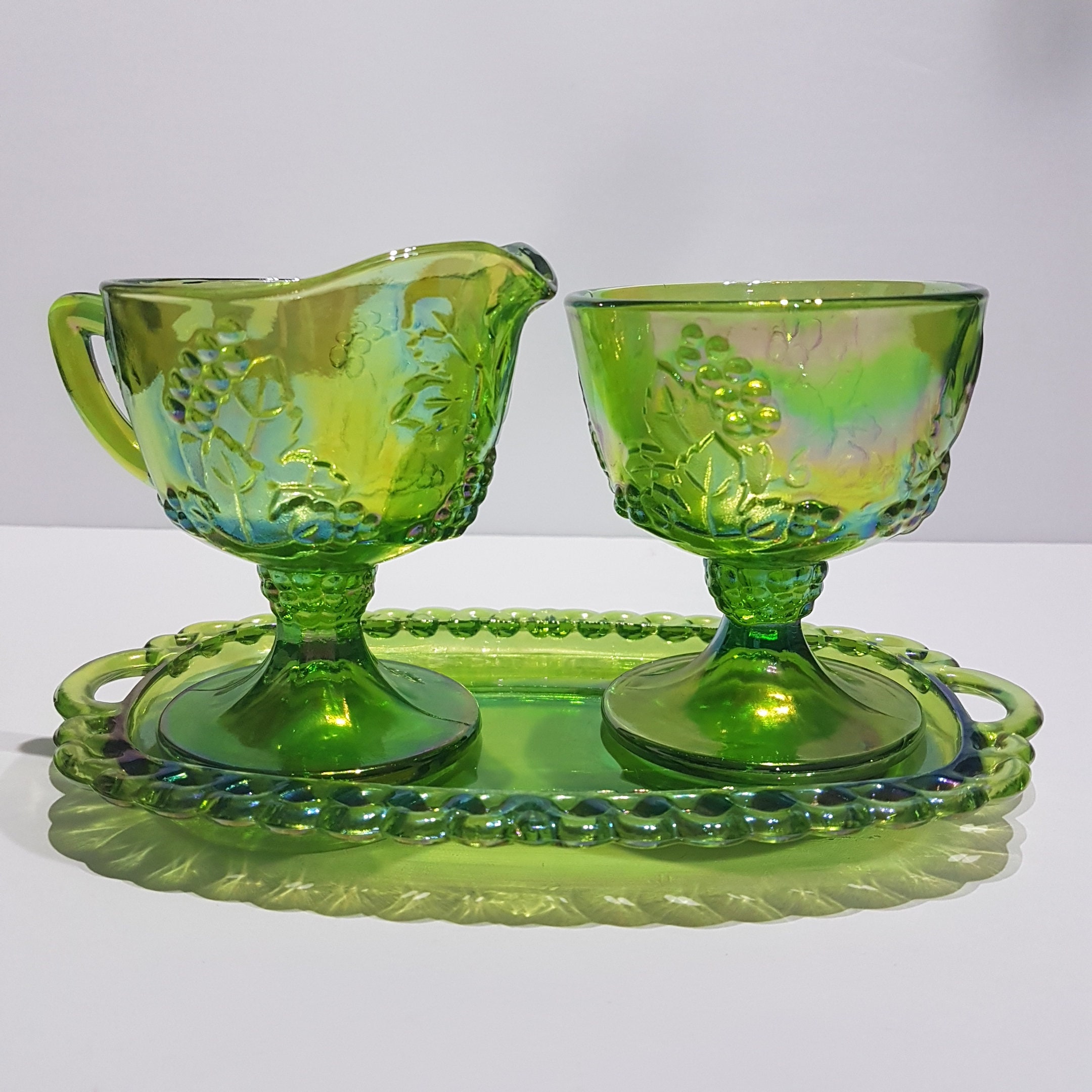 RESERVED for HANNAH Vintage Indiana Glass Harvest Grape Green Carnival ...