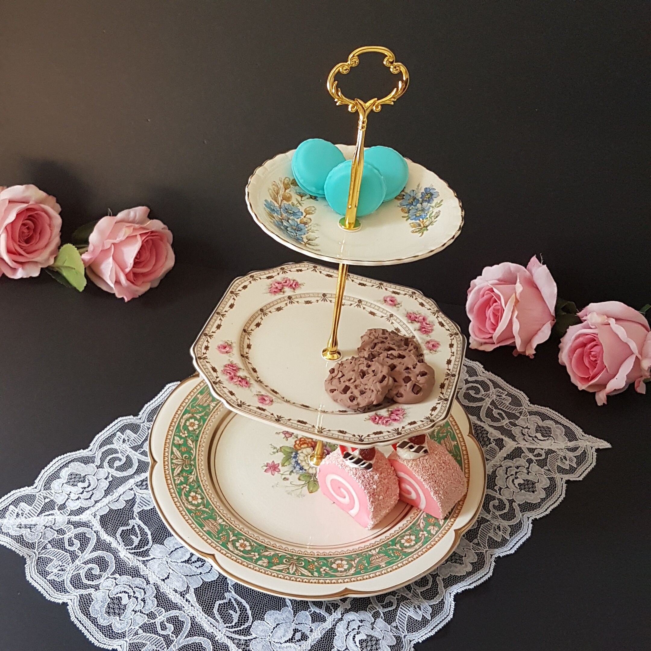 3 Tier Cake Stand, Mismatch China, Ivory Vintage Plates, Afternoon Tea