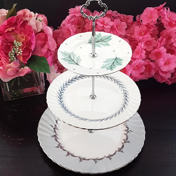 Vintage Bone China 3-Tier Serving Stand: Mismatched English Plates Silver Trim
