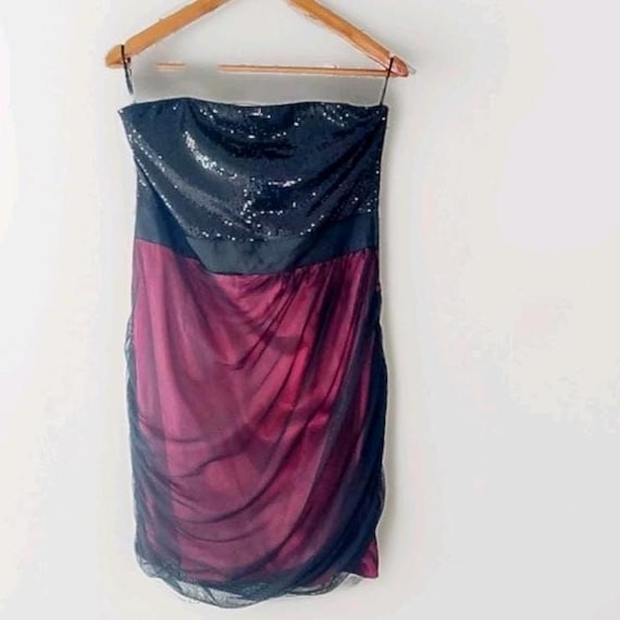 Vintage Dynamite Y2K Strapless Sequin & Burgundy Mesh Mini Dress