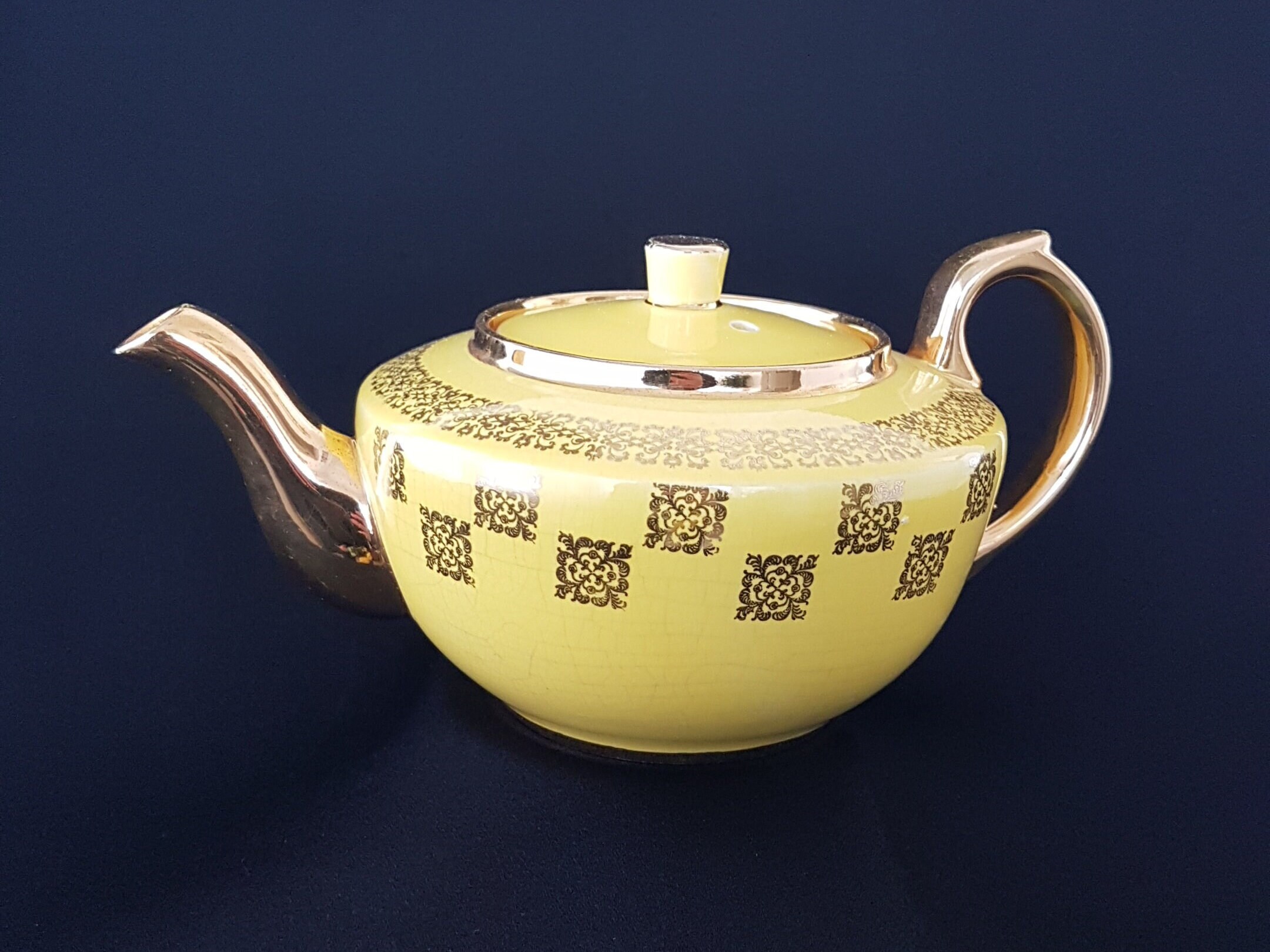 Vintage Teapot by Sudlows Burslem England, Yellow Tea Pot with Gold
