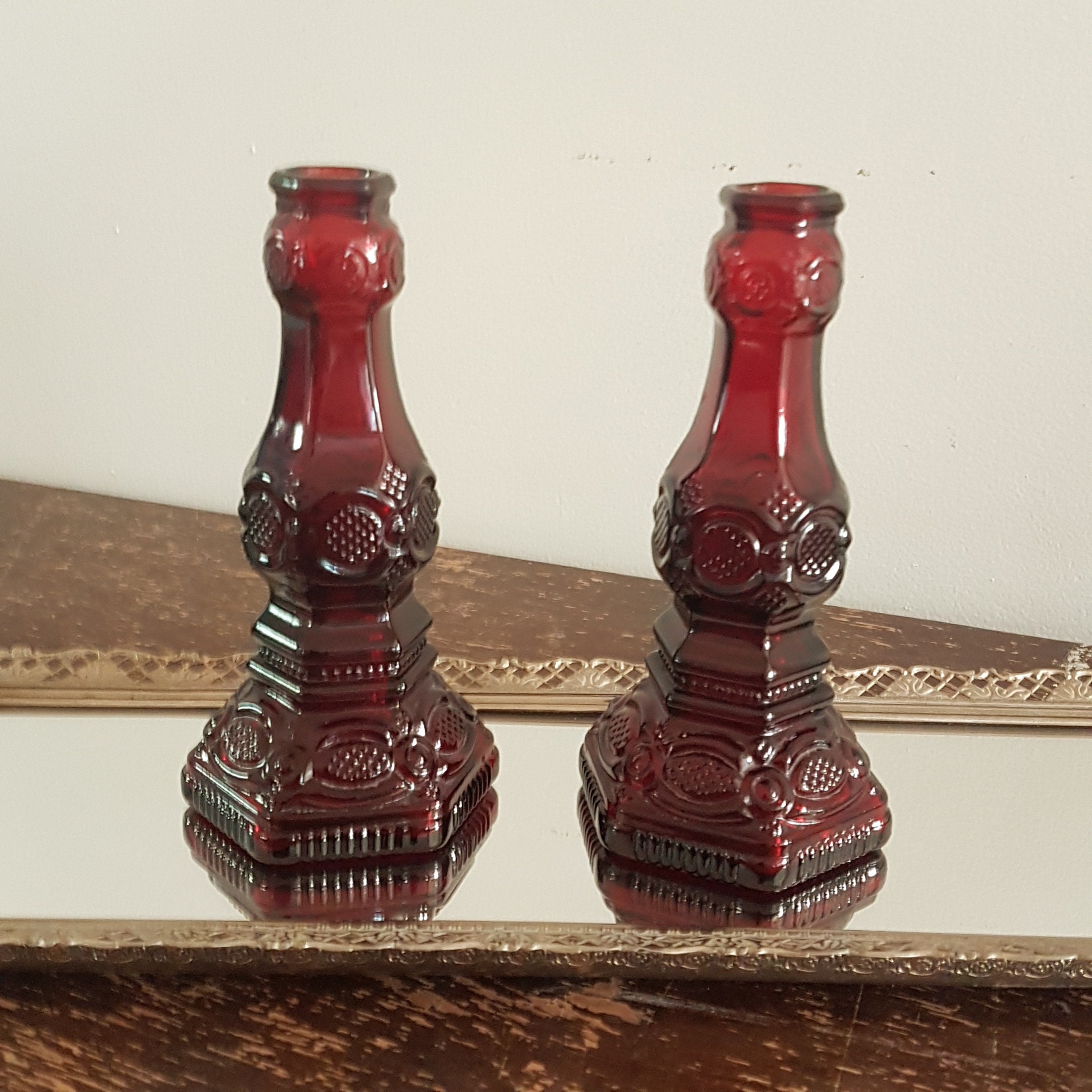 Pair of Tall Avon 1876 Cape Cod Candlestick Holders, Vintage Ruby Red