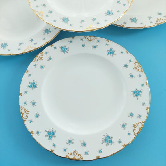 Royal Crown Derby Forget-Me-Not Dinner Plates (Set of 4) – Vintage English Bone China