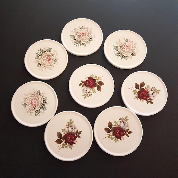 Vintage H&R Johnson Ceramic Coaster Set of 8, Made in England, Floral Rose Drink Coasters, Red and Pink Rose Pattern, 1960s
