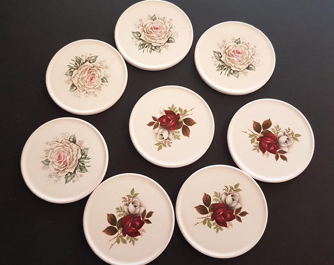 Vintage H&R Johnson Ceramic Coaster Set of 8, Made in England, Floral Rose Drink Coasters, Red and Pink Rose Pattern, 1960s
