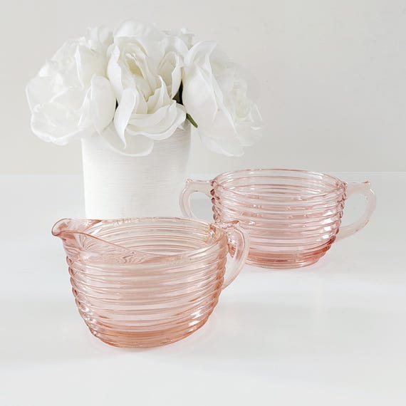 Vintage Anchor Hocking Manhattan Pink Depression Glass Creamer and Open Sugar Bowl Set Art Deco