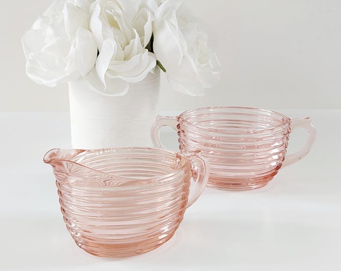Vintage Anchor Hocking Manhattan Pink Depression Glass Creamer and Open Sugar Bowl Set Art Deco