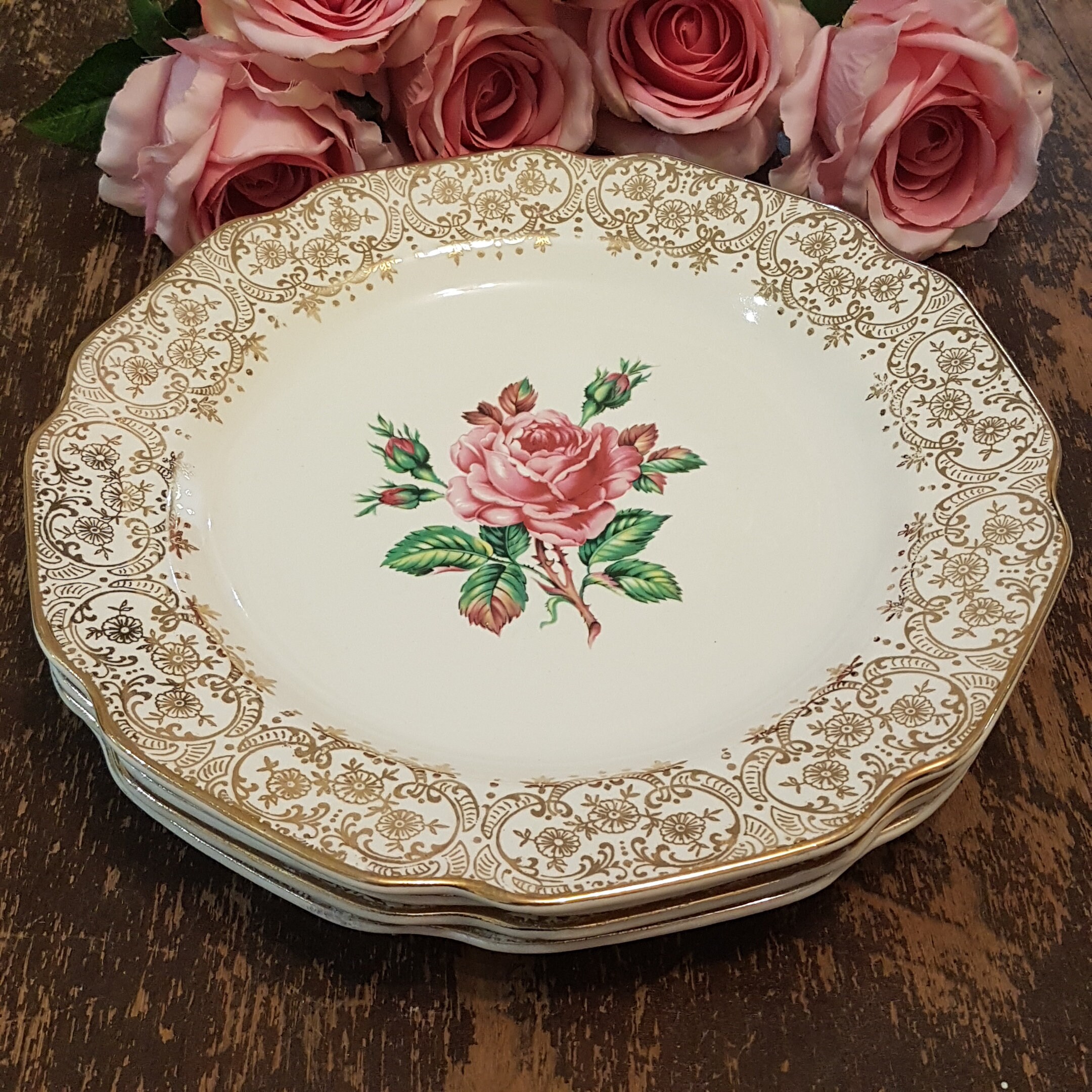 Dominion China BRIAR ROSE, Dinner Plates, 10 Inch, Set of 4, 22k Gold ...