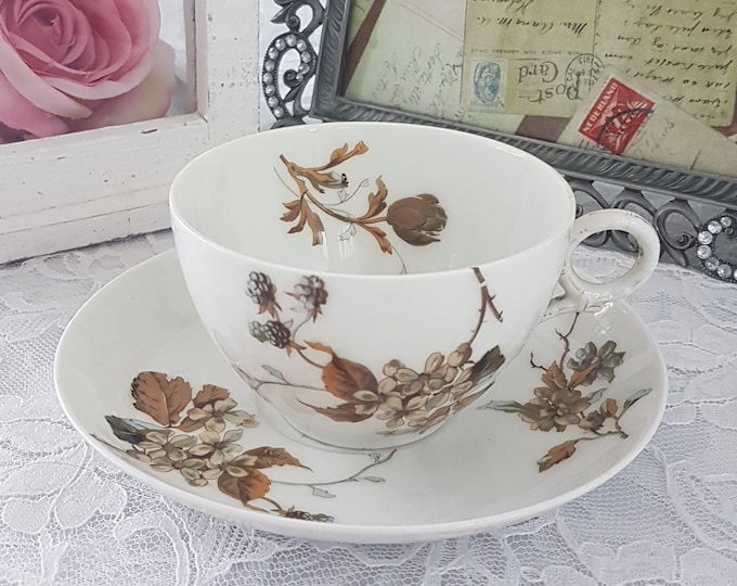 Antique Limoges Tea Cup and Saucer, Haviland Limoges, H and C Limoges, Brown Leaf Flower Pattern, 1879-1889