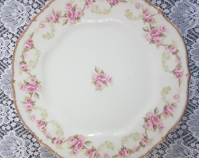 Elite Works Limoges Dinner Plates with Big Pink Roses and White Floral Swag