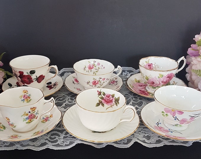 LOT of 6 Mismatched Tea Cups and Saucers, Bulk Vintage English Bone China, High Tea, Bridal Shower, Baby Shower, Pink Teacups