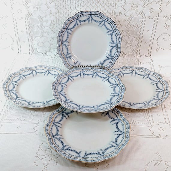 Set of 5 Vintage Johnson Brothers Sanoma 8" Blue Floral Swag Scalloped Gold Trim Plates