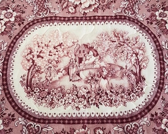 Vintage Oval Quilted Toile Fabric Placemats Set of 4 - Retro Kitchen Table Linens Decor