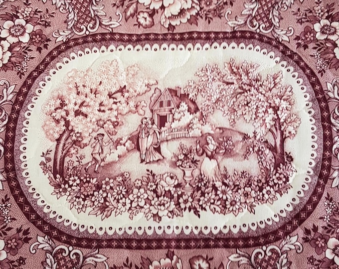 Vintage Oval Quilted Toile Fabric Placemats Set of 4 - Retro Kitchen Table Linens Decor