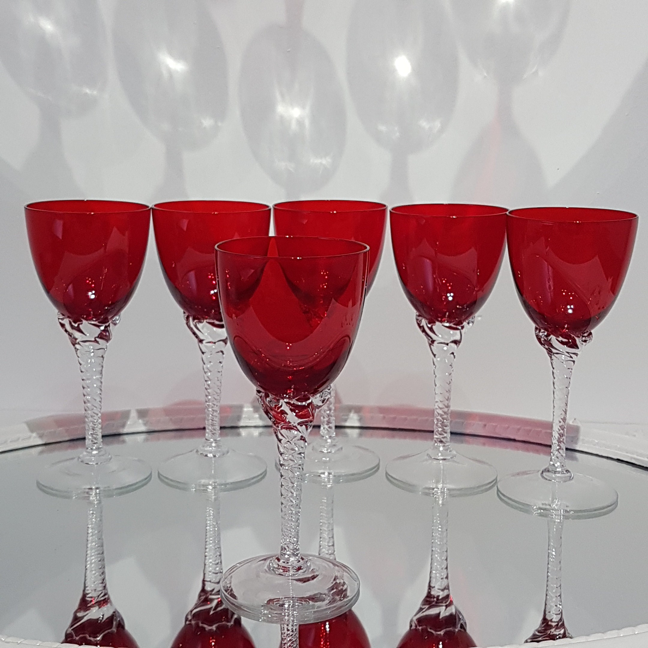 2 pc - Ruby Red Sasaki Crystal Wine Glasses Hand Blown Twisted Clear Stem