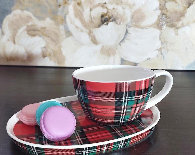 Red Scottish Tartan Plaid Snack Plate Cup Set Festive Christmas Ceramic Tea Coffee Tray Holiday Gift