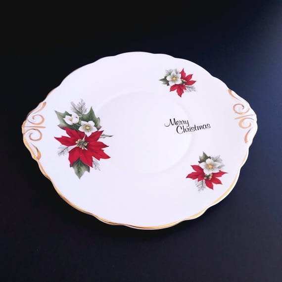 Mid-Century Royal Stuart Fine Bone China 1950s Christmas Poinsettia Handled Cake Serving Plate