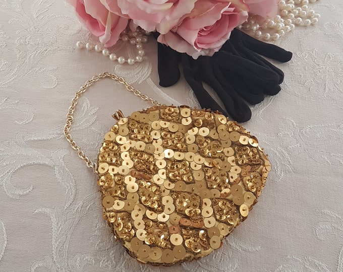Beaded Bag, Vintage Gold Beaded Purse with Gold Sequins, Converts to Clutch, Kiss Lock Closure, Hand Made in Hong Kong, 1960s
