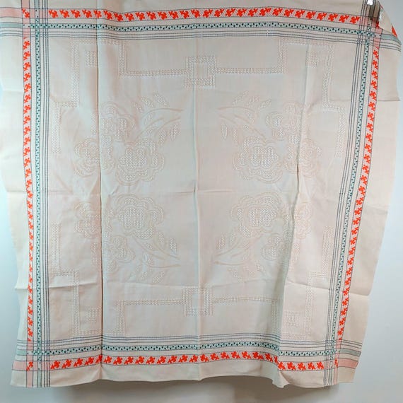 Vintage Weetex Holland Floral Damask Tablecloth, Retro Orange and Green Border, Mid Century Linen