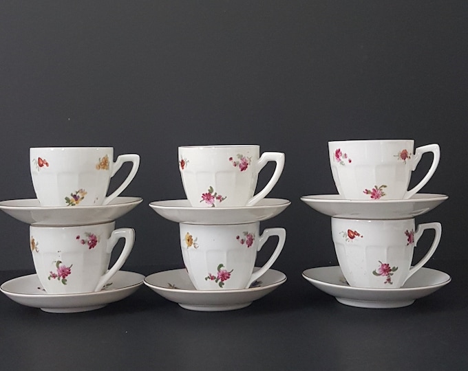 Espresso Cups, Small Tea Cup and Saucer, Set of 6, Hand Painted, Vintage Victoria China Czechoslovakia, 1940s