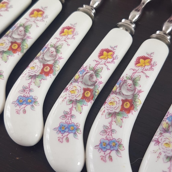 Royal Crown Derby Posies Dessert Fork Knife Set: Bone China Handles