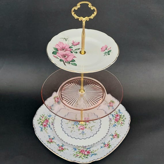 Vintage 3 Tier Cake Stand Pink Depression Glass Bone China Mismatched Tea Tray