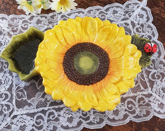 Vintage Ceramic Sunflower Chip Dip Serving Platter with Ladybug