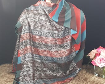 Vintage Blue & Red Striped Pashmina Wrap with Silver Accents - Elegant Evening Shawl for Special Occasions
