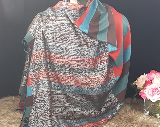 Vintage Blue & Red Striped Pashmina Wrap with Silver Accents - Elegant Evening Shawl for Special Occasions