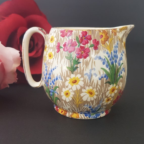 Vintage Marguerite Creamer 1930s English Chintz Pottery Milk Jug Gold Trim