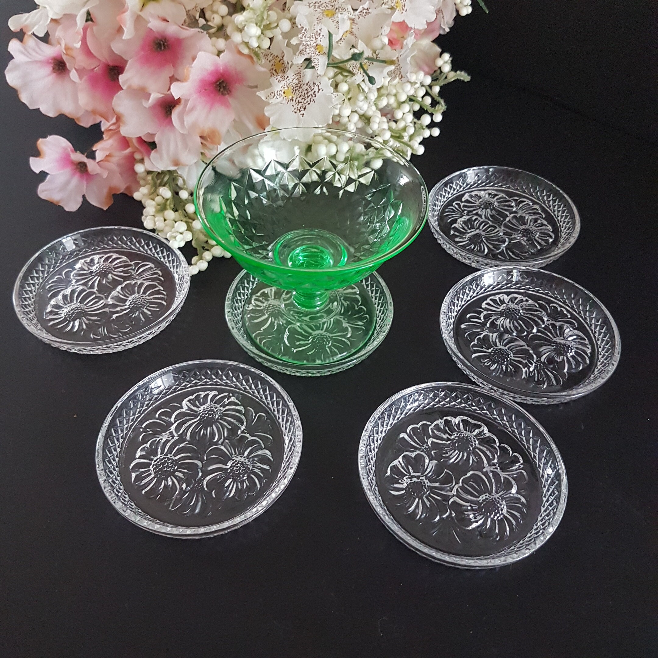 Set of 6 Cristal D'Arques Clear Glass Crystal Coasters with Floral