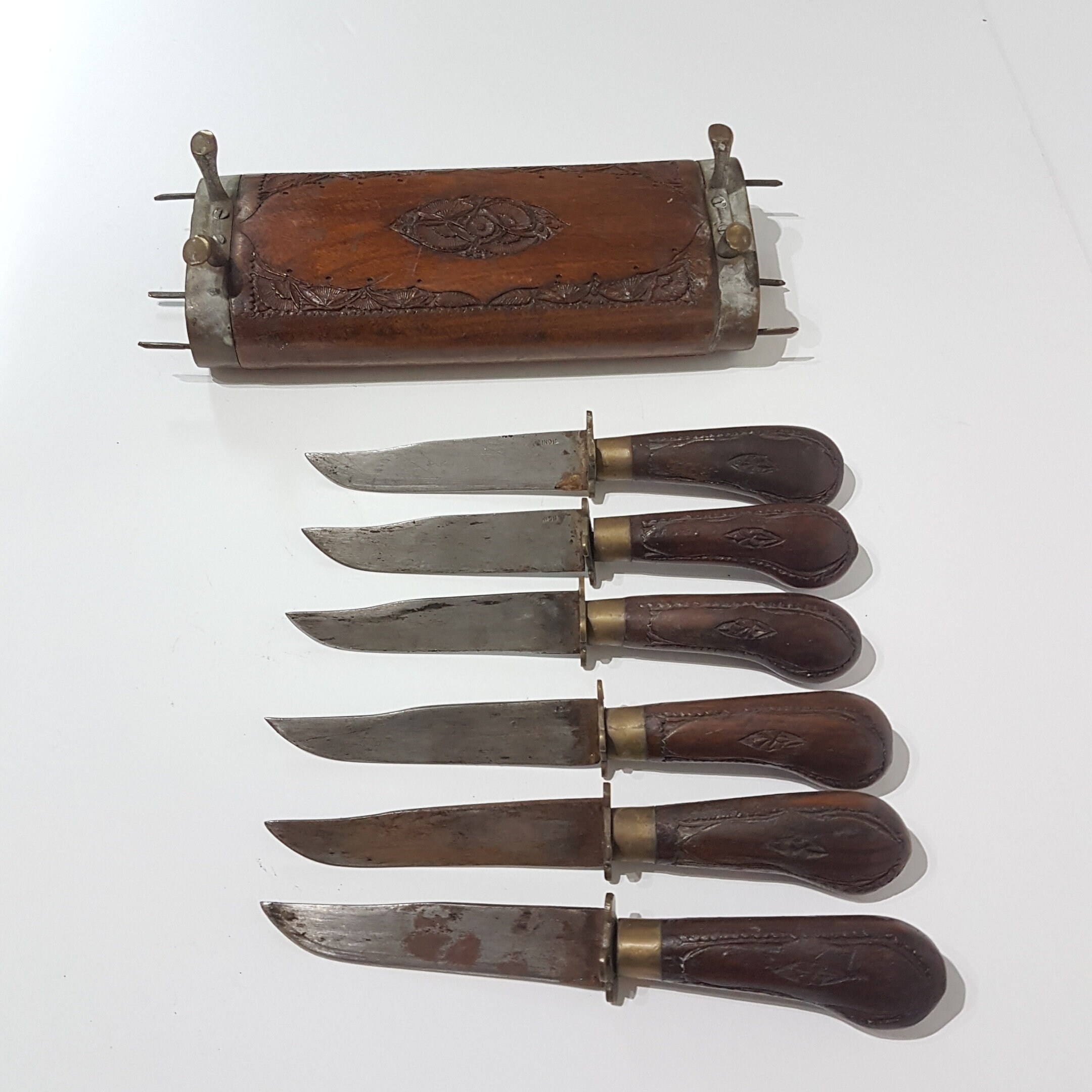 Vintage Ornate 6pc Steak Knife Set, Wooden Hand Carved Handles with