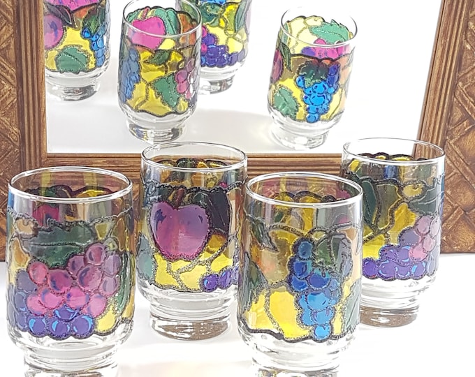 Vintage 12oz Libbey STAINED GLASS Fruit Tumbler Set of 4