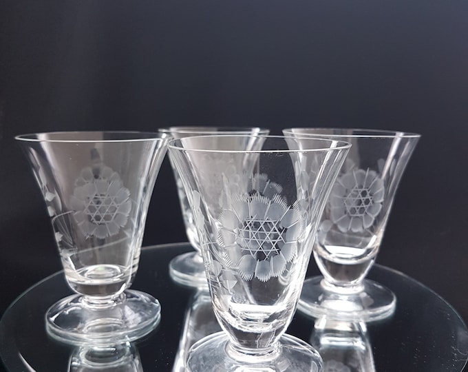 Hughes Cornflower Crystal Juice Glasses, Optic, Etched 12 Petal, Set of 4