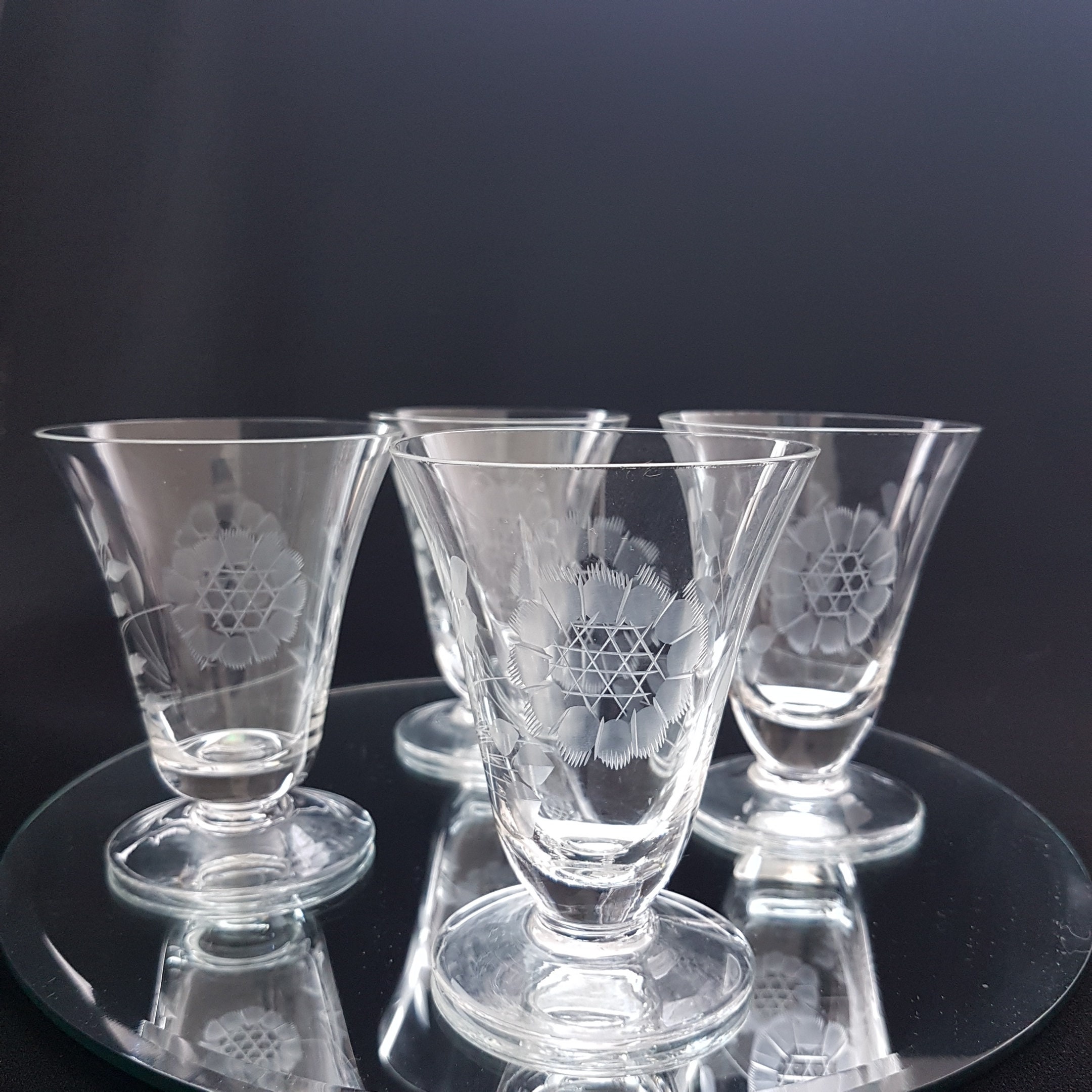 Hughes Cornflower Crystal Juice Glasses, Optic, Etched 12 Petal, Set of 4