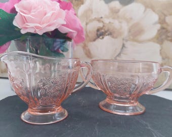 1930s Federal Sharon Cabbage Rose Pink Depression Glass Cream Sugar Set