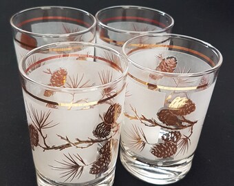 Gold Pine Cones on Frosted Glass, Set of 4 Juice Glasses,Dominion Libbey Glass, Mid Century Barcart, 1960s
