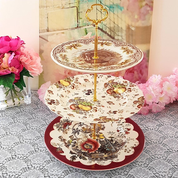 Farmhouse 3-Tier Cake Stand Brown Transferware Dessert Stand Thanksgiving Centerpiece