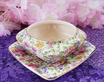 Royal Winton Summertime Chintz Jam Pot with Saucer: 1930s Floral England