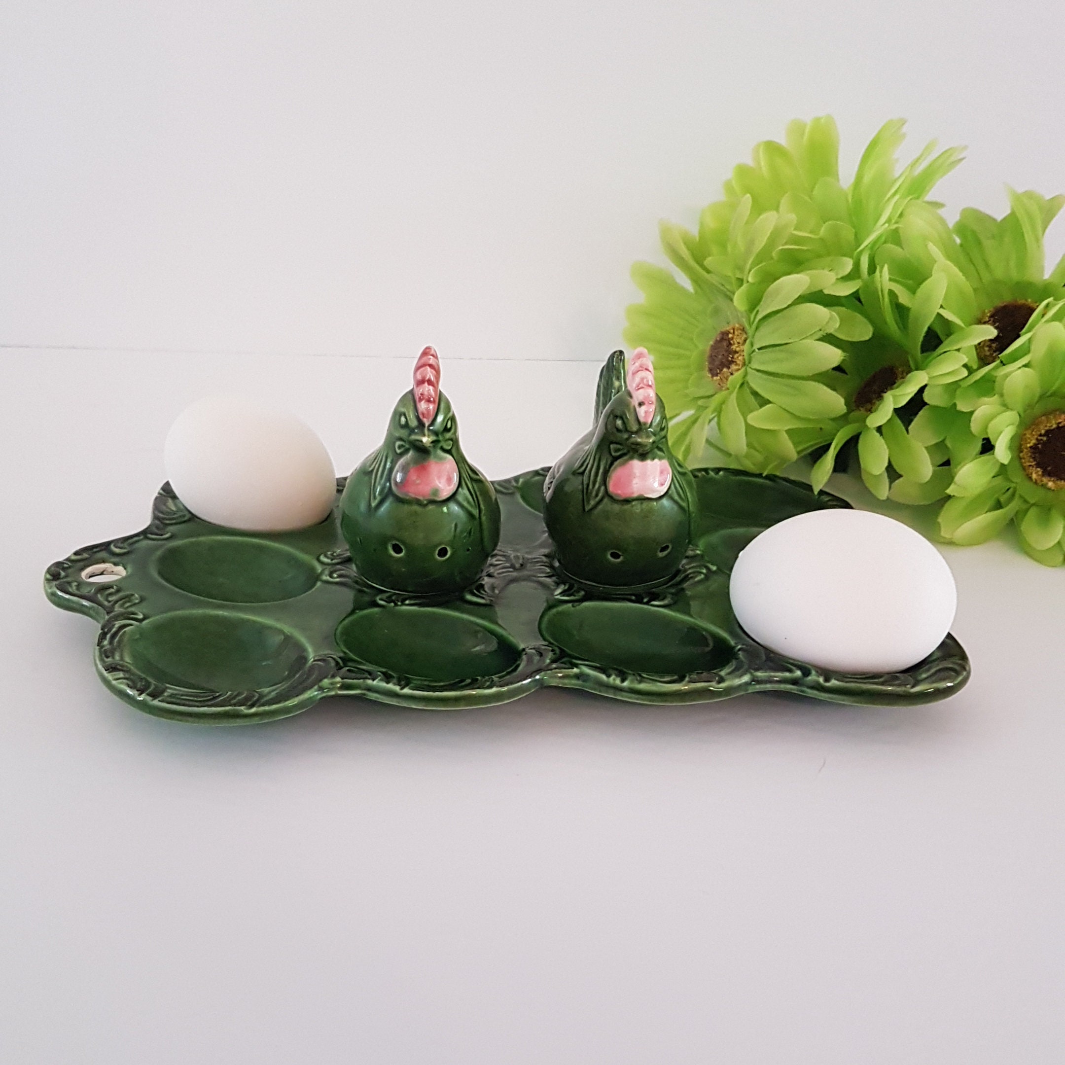 Vintage Ceramic Deviled Egg Tray with Chicken Salt Pepper Set Japan