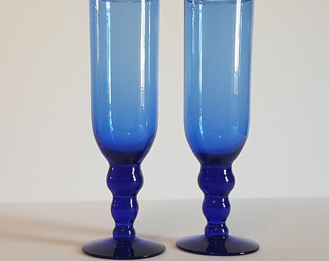 Pair of All Blue Champagne Glasses, Set of 2, Tall Wine Glasses, 8oz, 3 Ball Design Stem, Blue Wedding Toasting Glasses