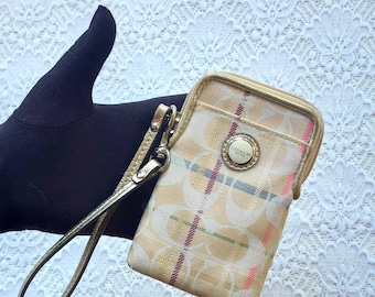 COACH New York Canvas Wristlet Beige Pink Blue Tartan Zippered Pouch