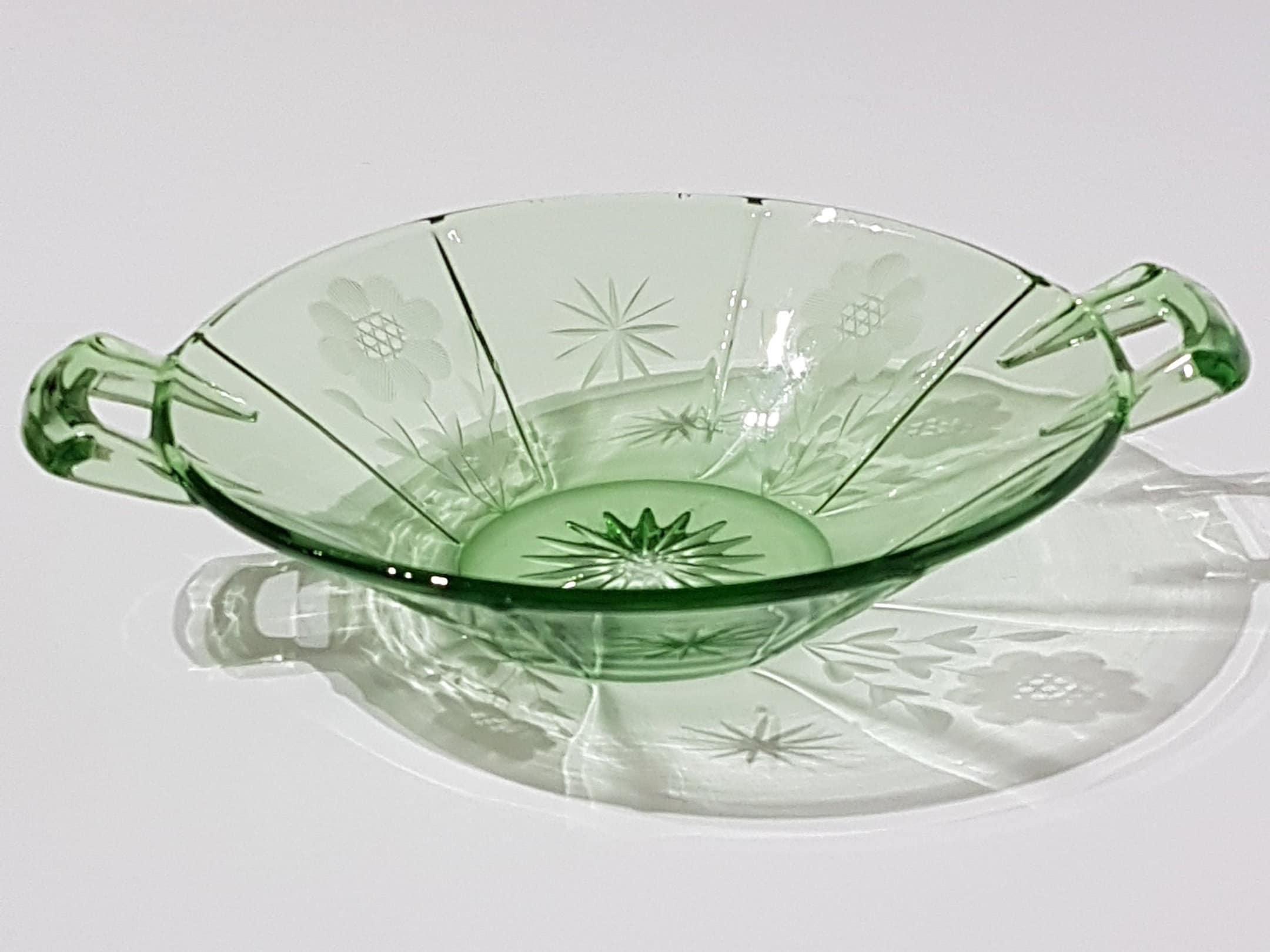 Vintage Green Depression Glass, Handled Glass Dish with Floral Etching