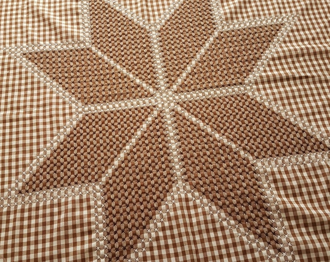 Brown Gingham Tablecloth, 42 x 42 Square Vintage Checkered Tablecloths, Hand Embroidery, Star in Middle, Country Decor