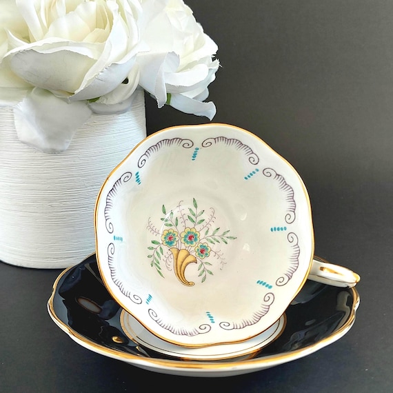Rare 1930s Royal Albert Cornucopia Hand Painted Fine Bone China Teacup Saucer Set