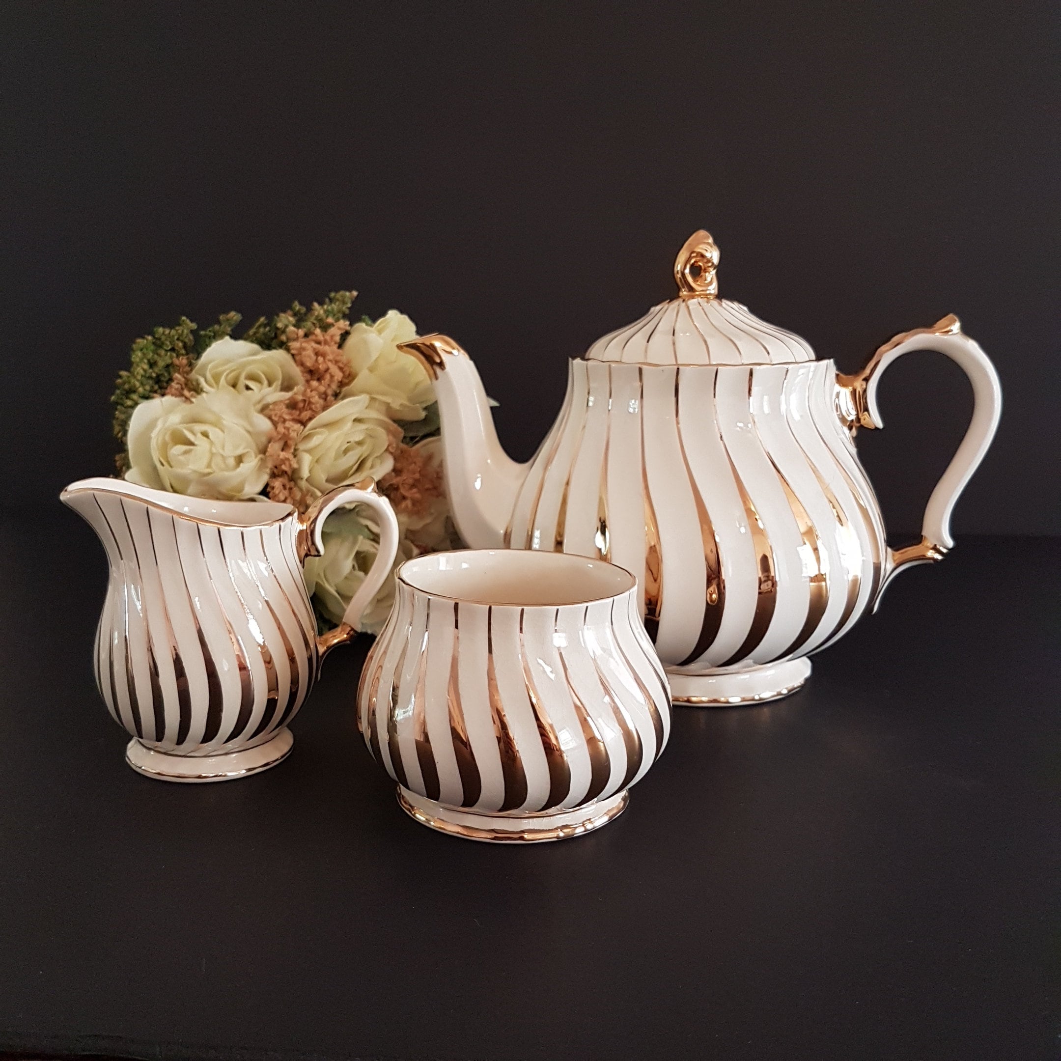 Vintage Sadler Teapot Creamer Sugar Bowl Tea Set, Ivory Swirled, Gold